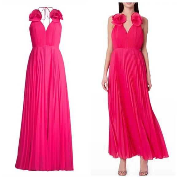 NWT Milly Womens Open Back Halter Evie Pleated Maxi Dress Pink Size 4 - Picture 1 of 12